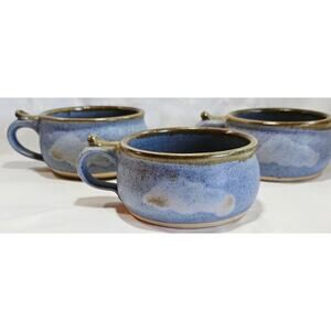 3 Coffelt Studio Art Pottery Soup Mug Bowls with Handle Handmade Signed Blue
